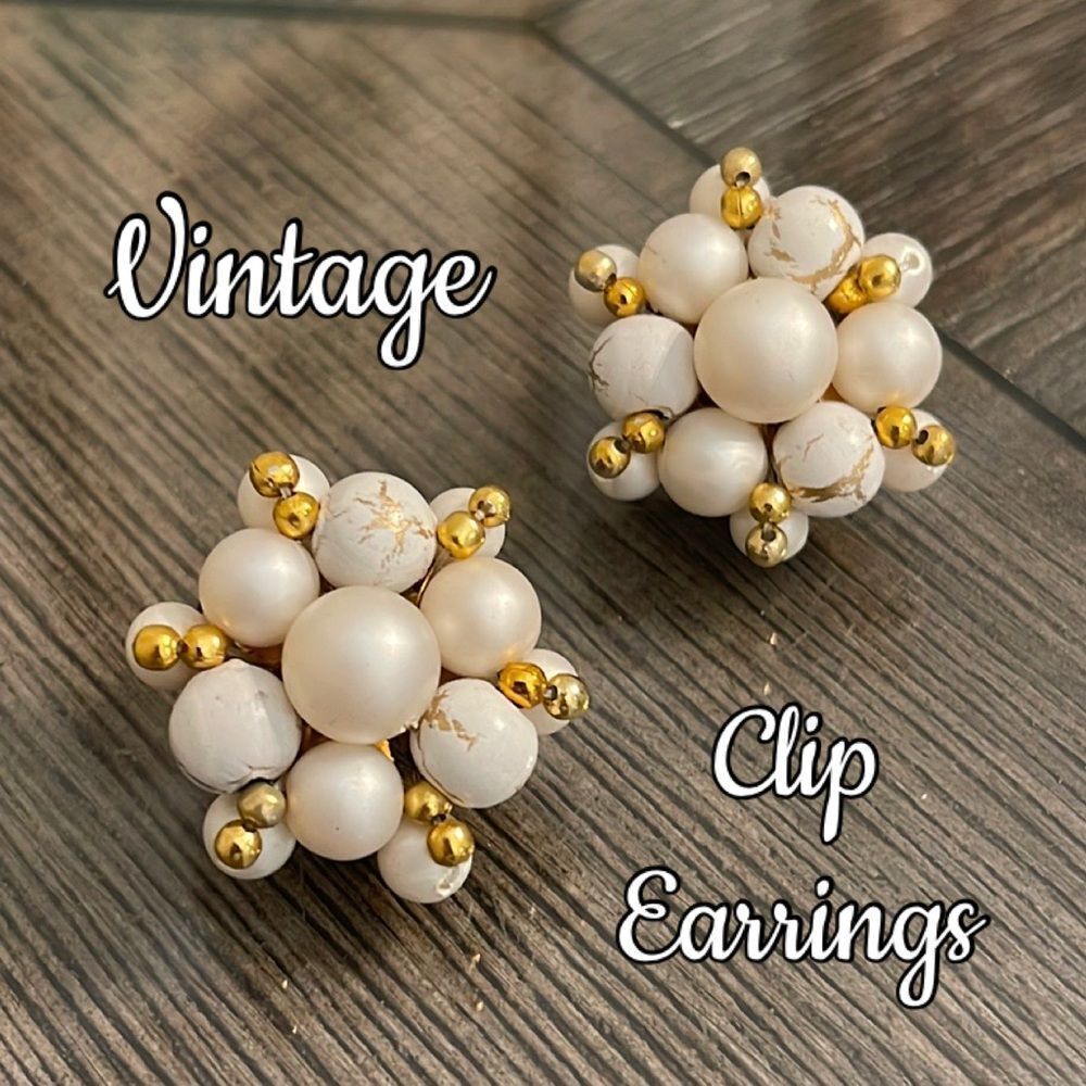 Vintage Japan Pearl & Gold-tone Cluster Beaded Clip Earrings